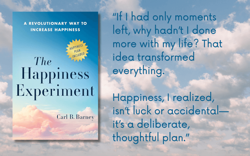 Cover of the book "The Happiness Experiment" with a quote about planning for happiness