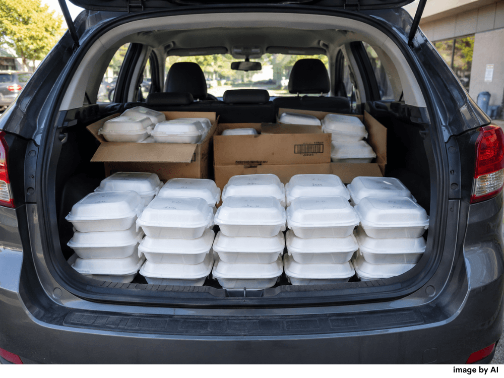 Open car hatch filled with white foam containers holding boxed meals for delivery