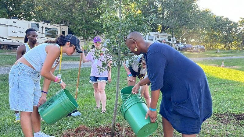 Water being poured around a newly planted tree at the Wild Goose Festival